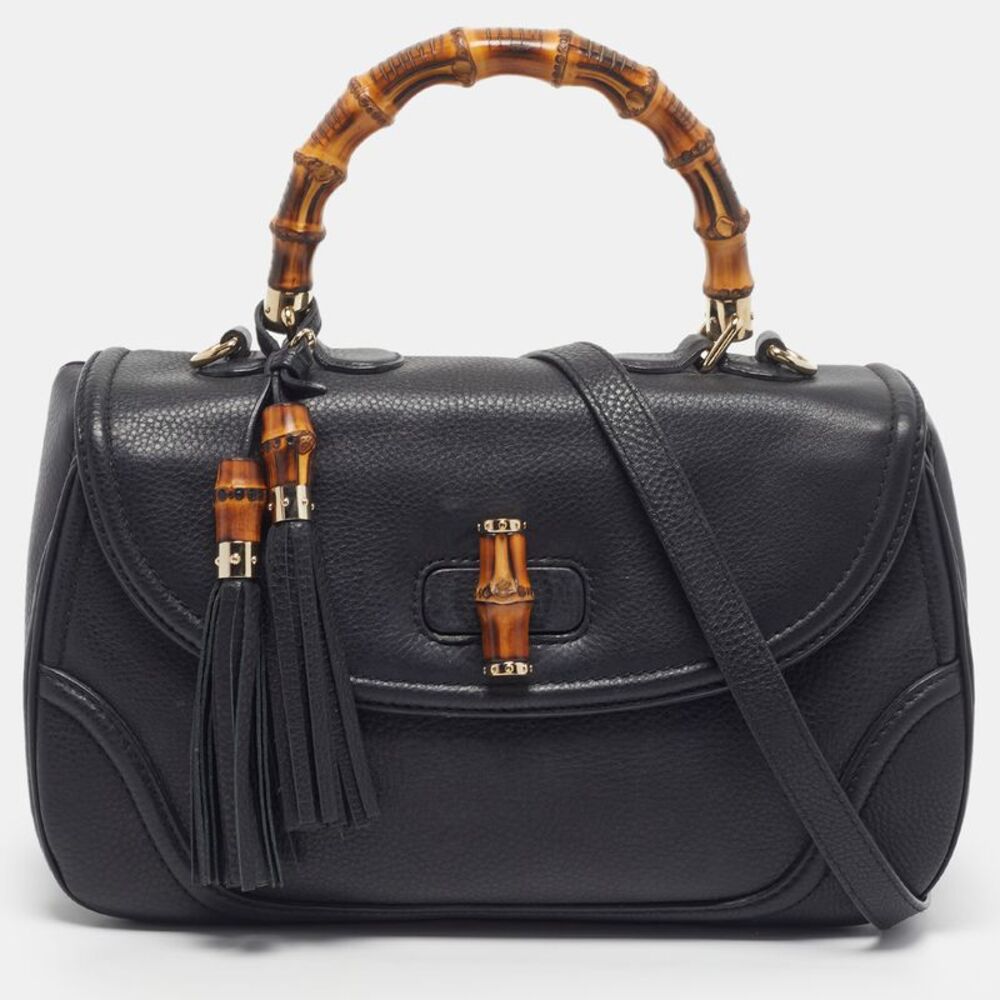Gucci New Bamboo Tassel Large Black Leather Top Handle Bag